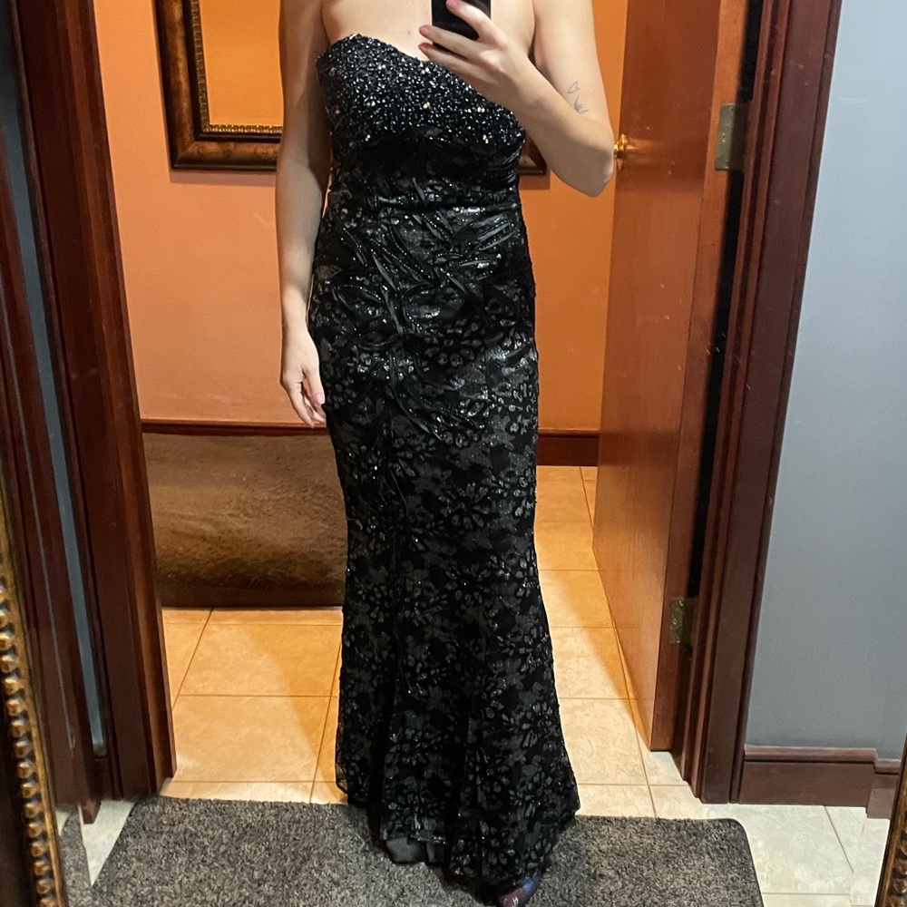 Black embellished mermaid strapless black dress